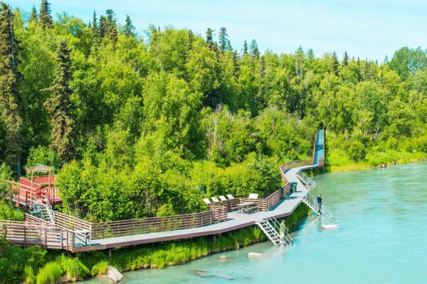 Public fishing area near the Soldotna Bridge where anglers can target sockeye and silver salmon.