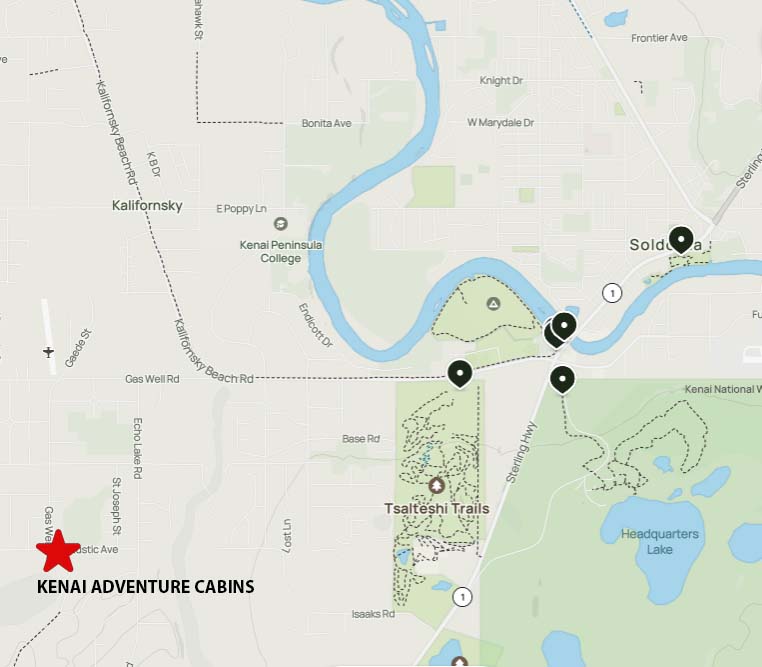 Map showing Kenai Adventure Cabins location, local walking and hiking trails in the Soldotna area.